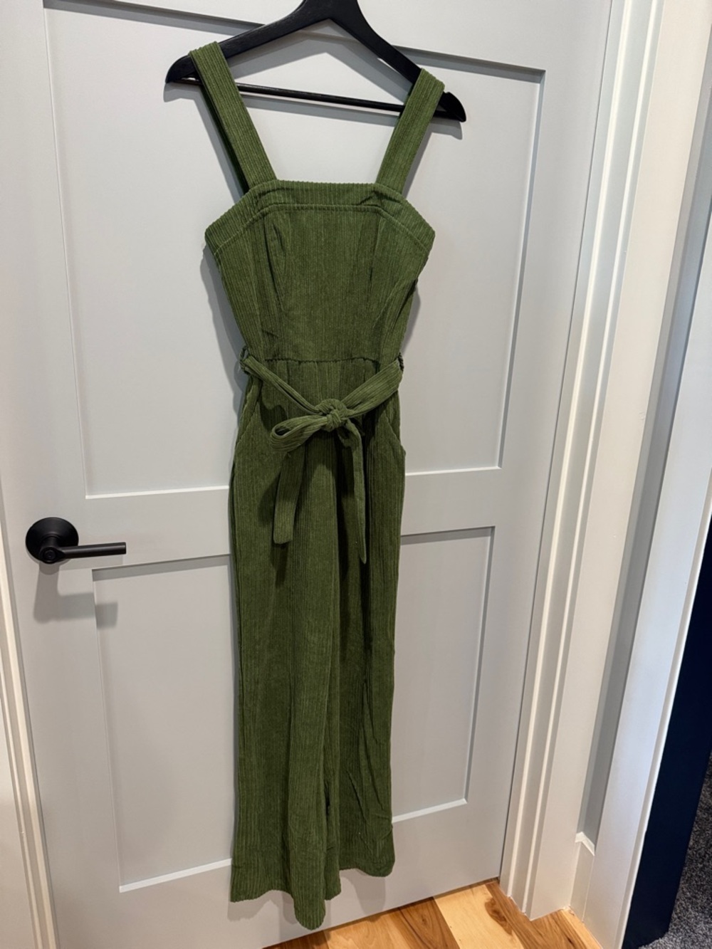 Olive Green Ribbed Wide-Leg Jumpsuit with Tie Waist